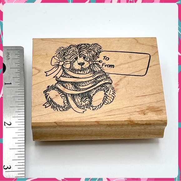 Vintage 1990s JUDIKINS Fuzzy Bear w Bow & Gift Tag Wood Mounted Rubber Stamp - Picture 5 of 6